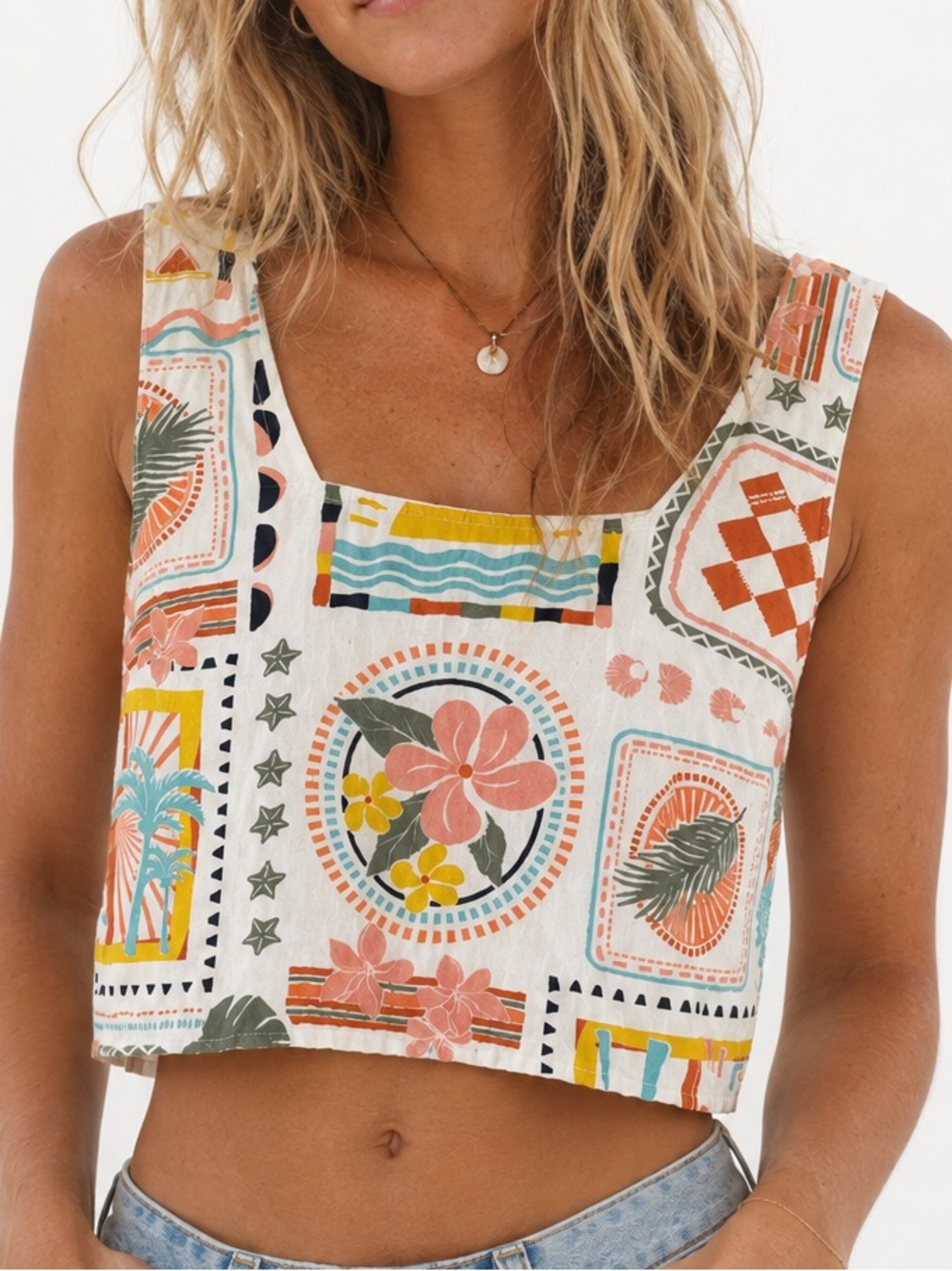 Japna Tropical Cropped Tank Top Flax Blend Size Small